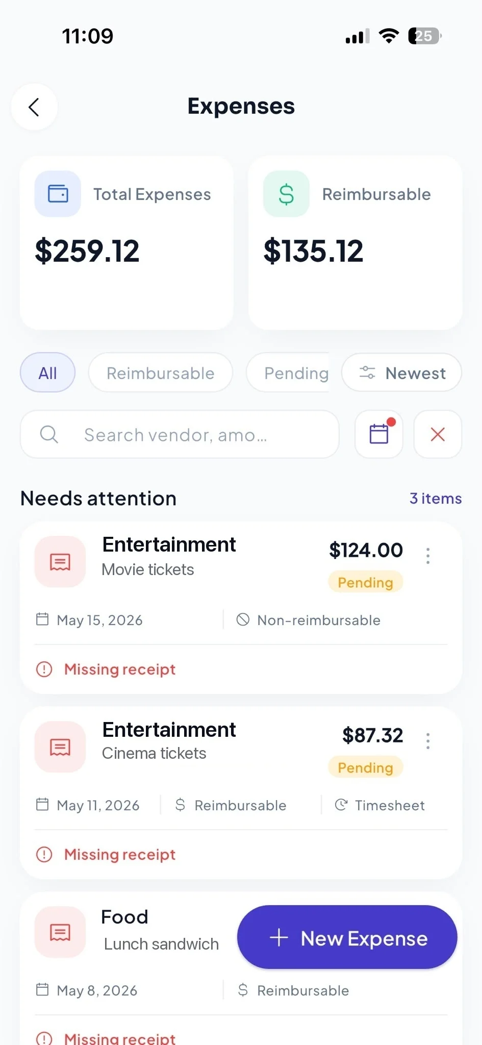 MEAXTIME app — expenses and reimbursements