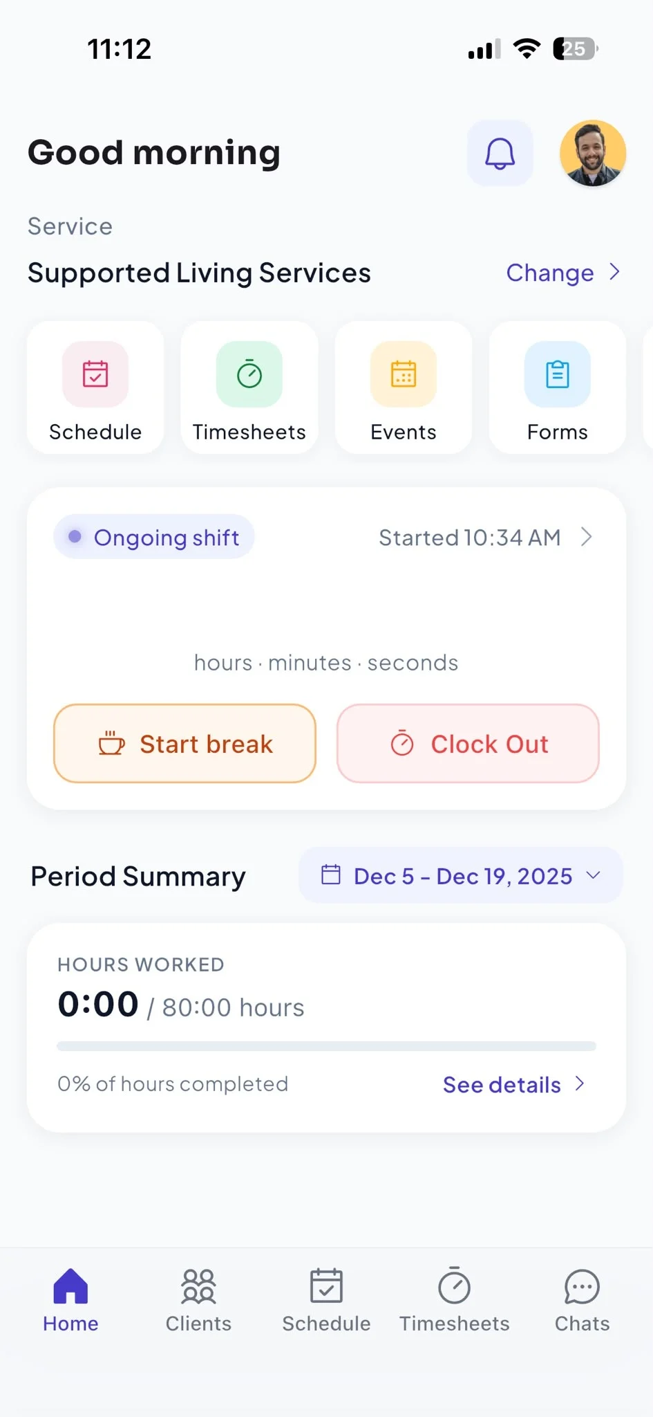 MEAXTIME app — ongoing shift clock-in