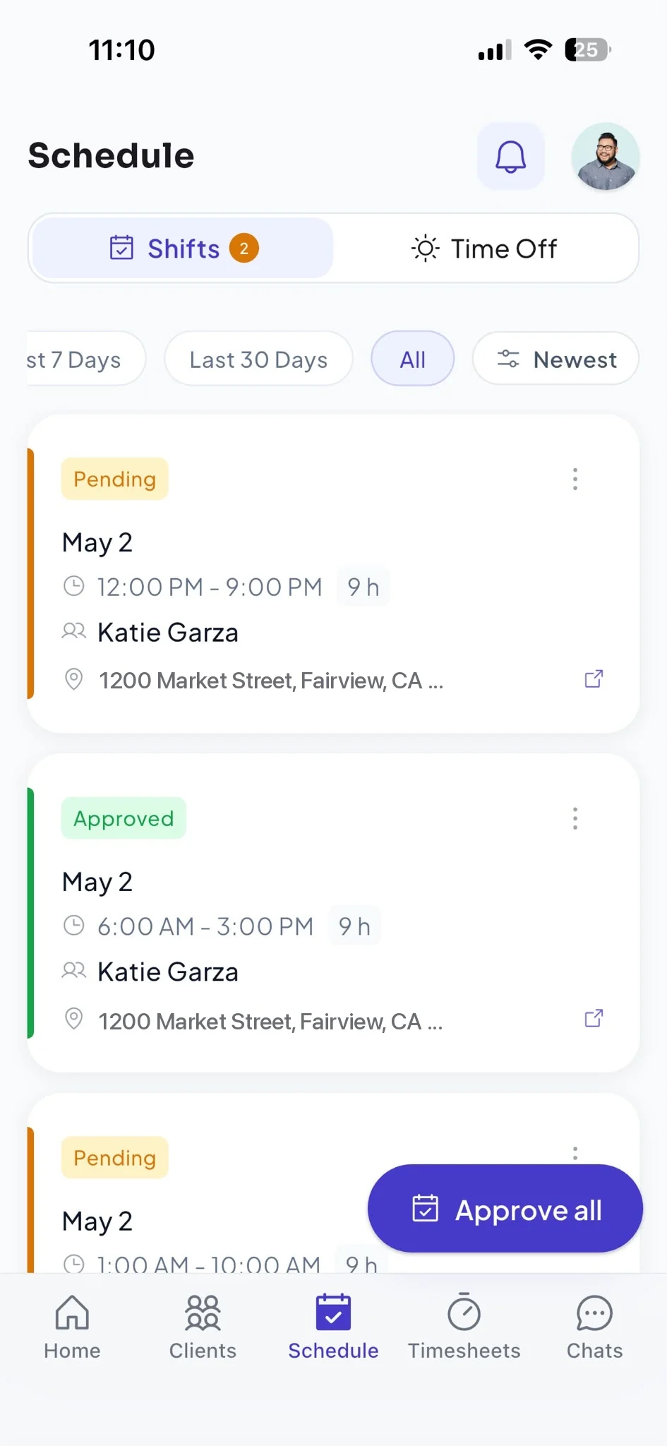 MEAXTIME app — shift schedule list