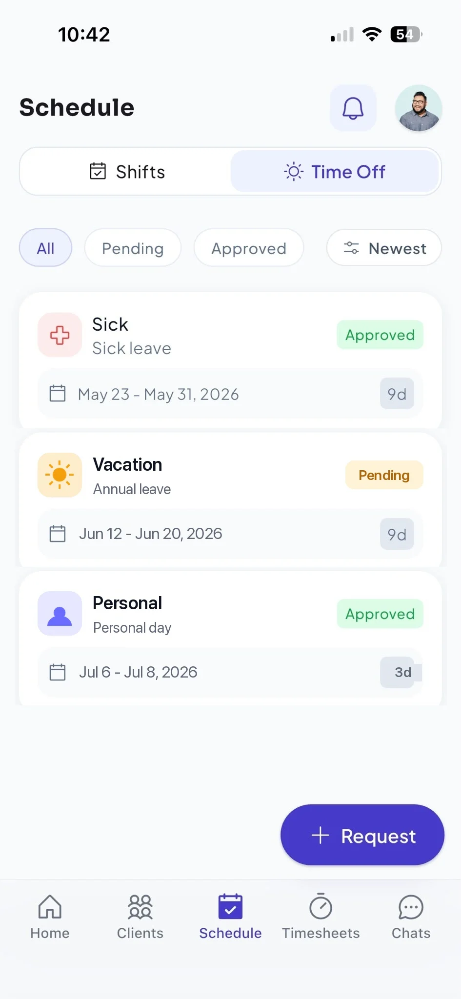 MEAXTIME app — time-off requests