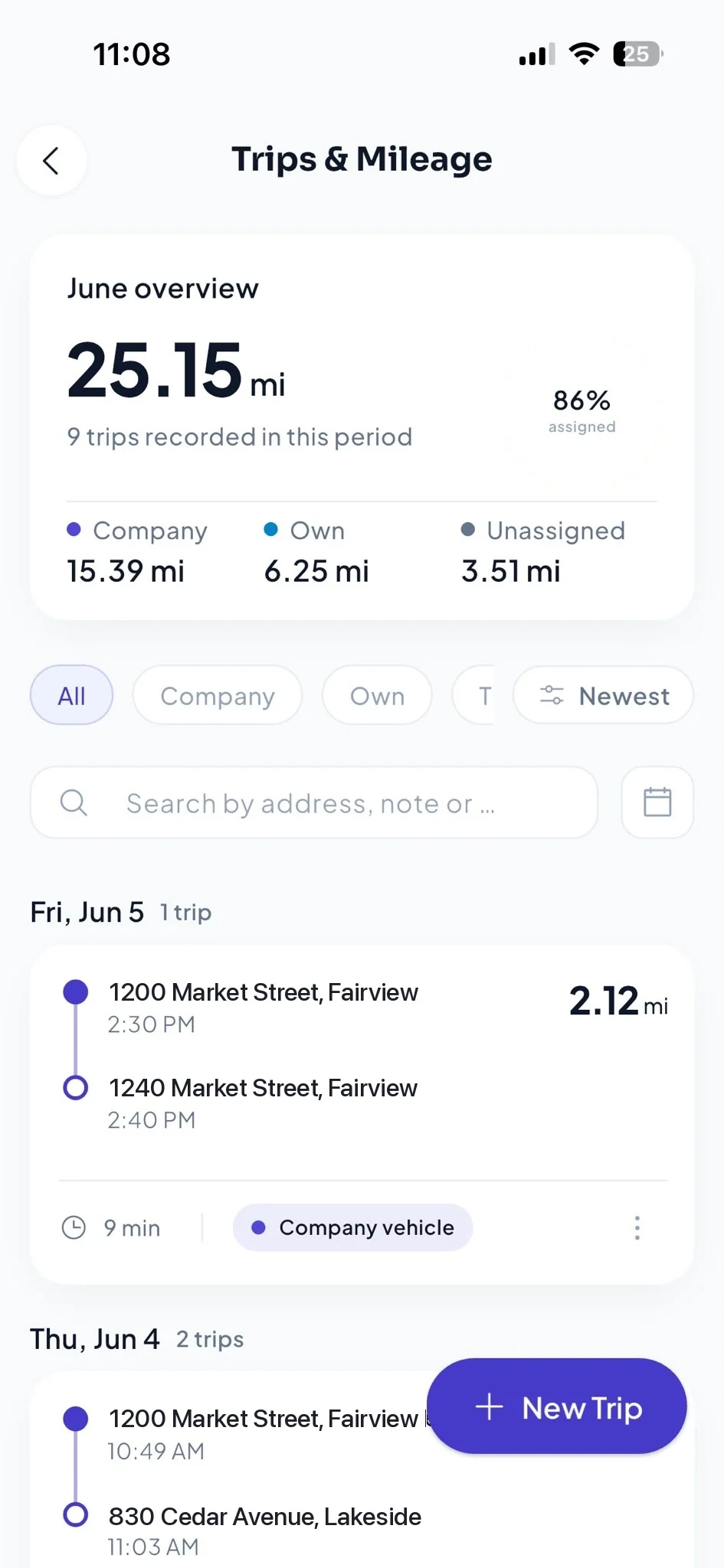 MEAXTIME app — trips and mileage